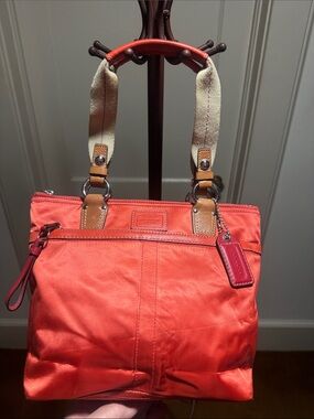 Coach Coral Nylon Shoulder Bag with Tan Leather Trim